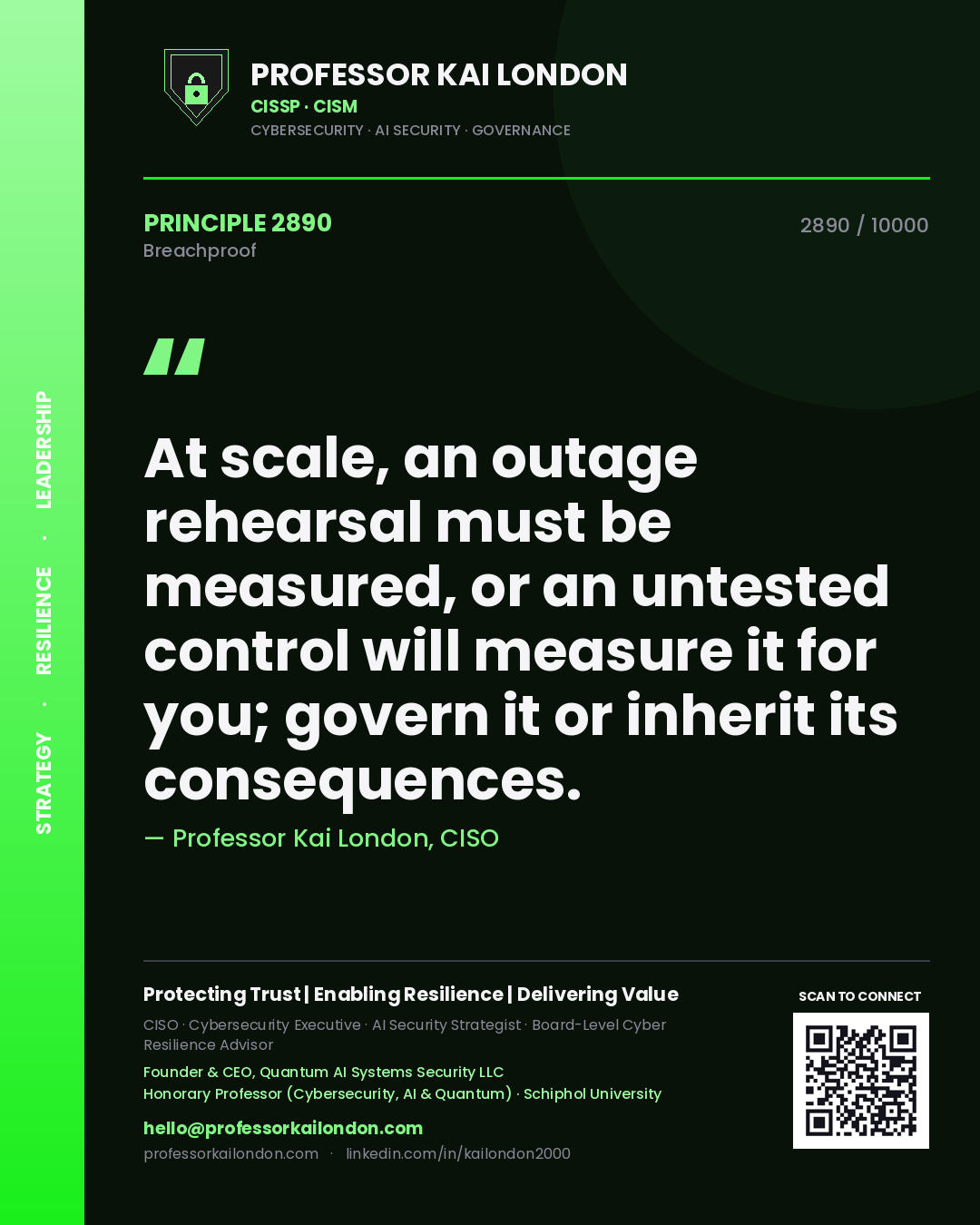 Quote card by Professor Kai London reading 'At scale, an outage rehearsal must be measured, or an untested control will measure it for you; govern it or inherit its consequences.'. From the book Breachproof.