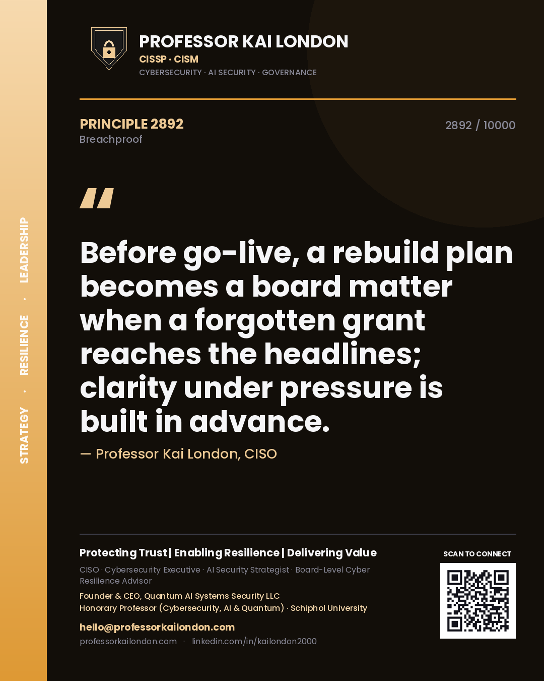 Professor Kai London principle 2892: Before go-live, a rebuild plan becomes a board matter when a forgotten grant reaches the headlines; clarity under pressure is built in advance.