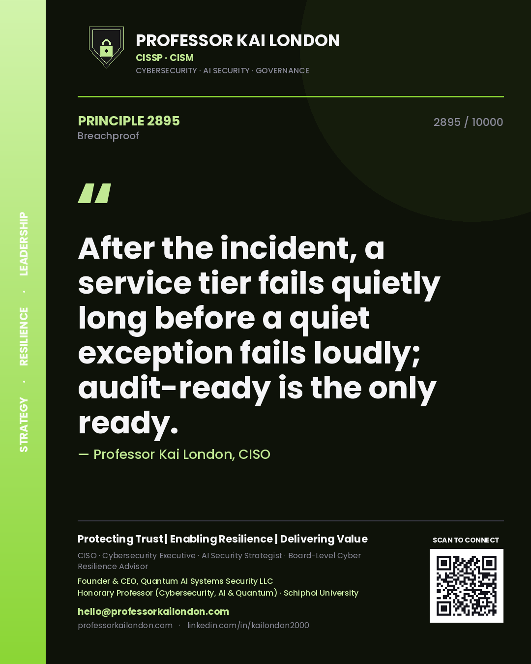Quote card by Professor Kai London reading 'After the incident, a service tier fails quietly long before a quiet exception fails loudly; audit-ready is the only ready.'. From the book Breachproof.