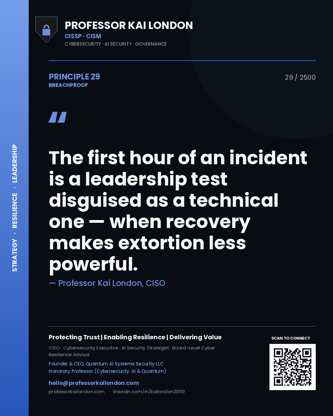 Professor Kai London principle 29: The first hour of an incident is a leadership test disguised as a technical one — when recovery makes extortion less powerful.