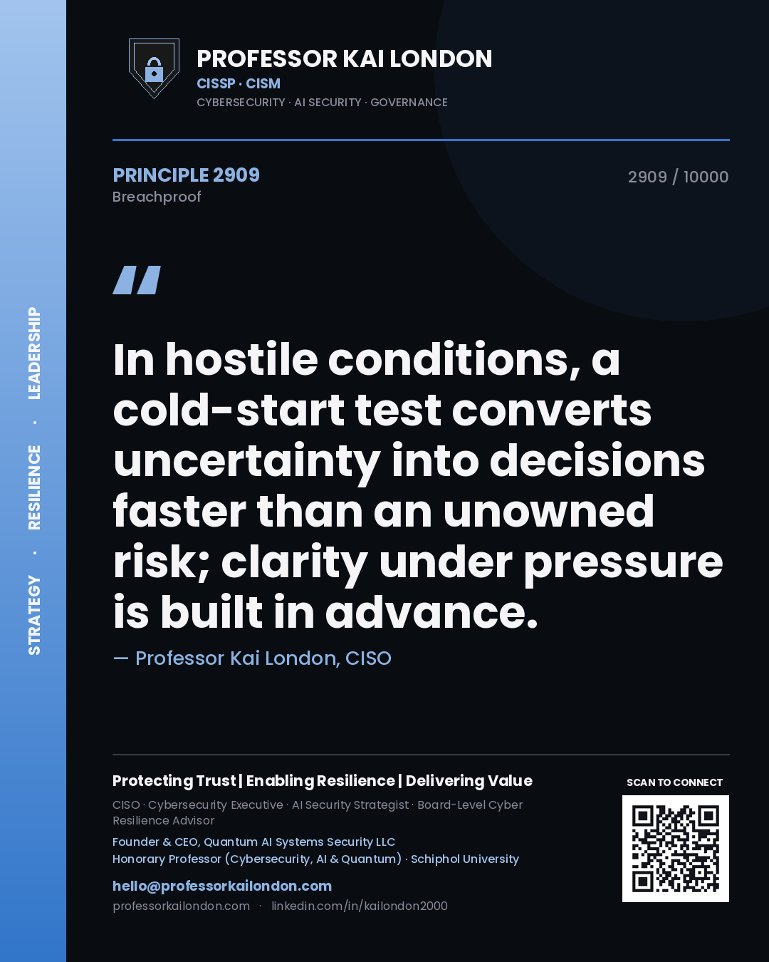 Quote card by Professor Kai London reading 'In hostile conditions, a cold-start test converts uncertainty into decisions faster than an unowned risk; clarity under pressure is built in advance.'. From the book Breachproof.