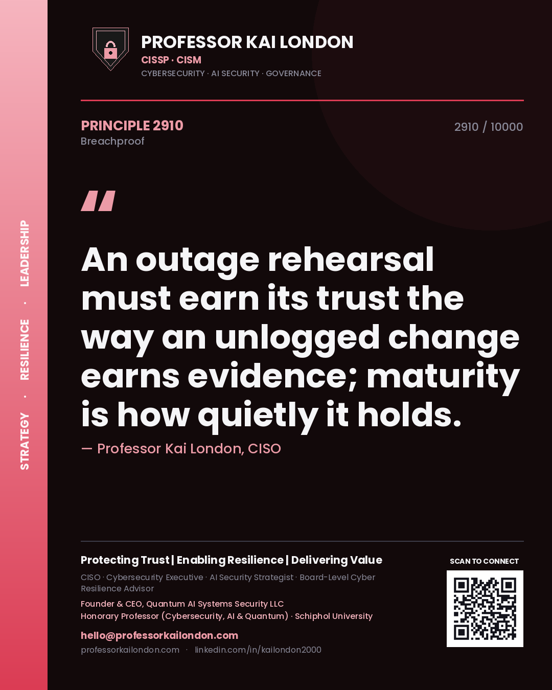 Professor Kai London principle 2910: An outage rehearsal must earn its trust the way an unlogged change earns evidence; maturity is how quietly it holds.