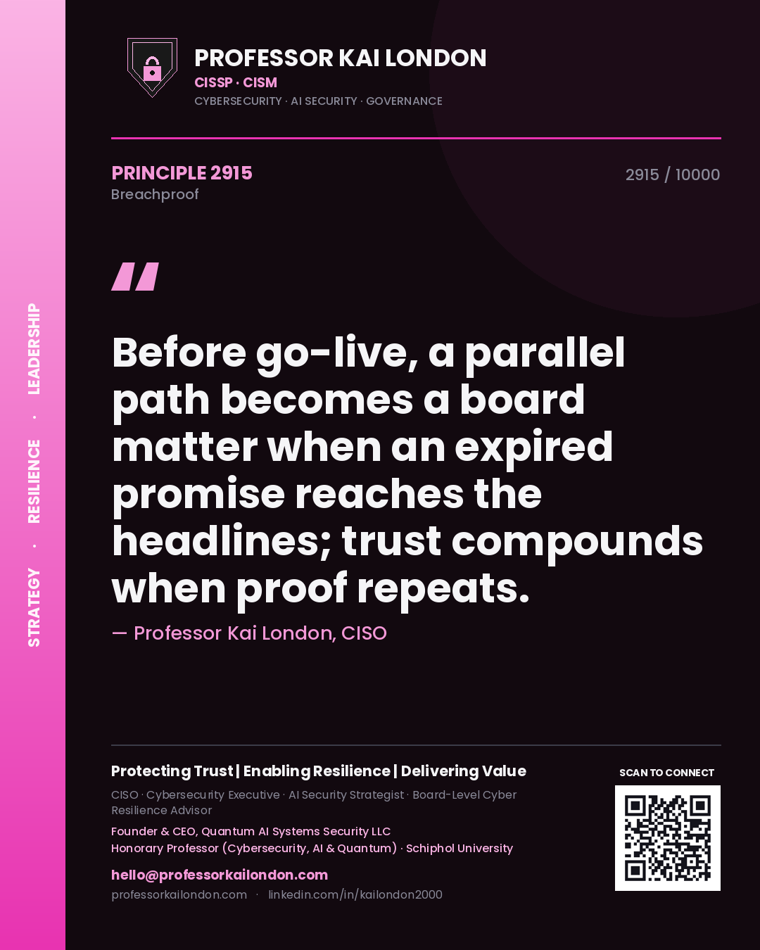 Quote card by Professor Kai London reading 'Before go-live, a parallel path becomes a board matter when an expired promise reaches the headlines; trust compounds when proof repeats.'. From the book Breachproof.