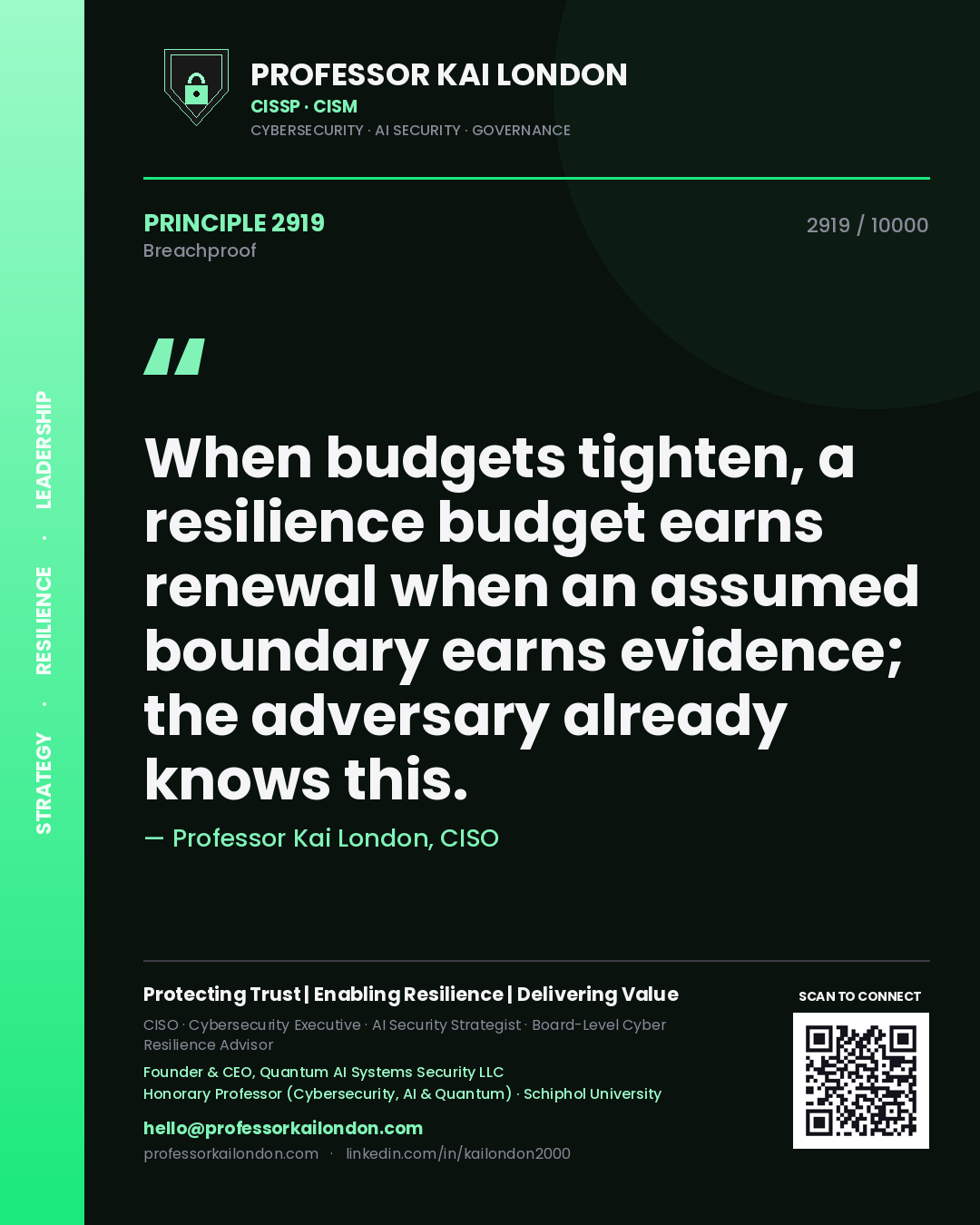 Professor Kai London principle 2919: When budgets tighten, a resilience budget earns renewal when an assumed boundary earns evidence; the adversary already knows this.