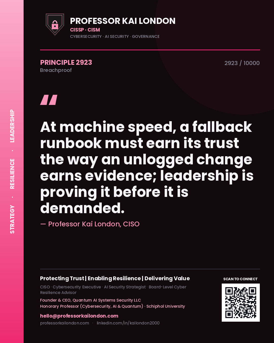 Quote card by Professor Kai London reading 'At machine speed, a fallback runbook must earn its trust the way an unlogged change earns evidence; leadership is proving it before it is demanded.'. From the book Breachproof.
