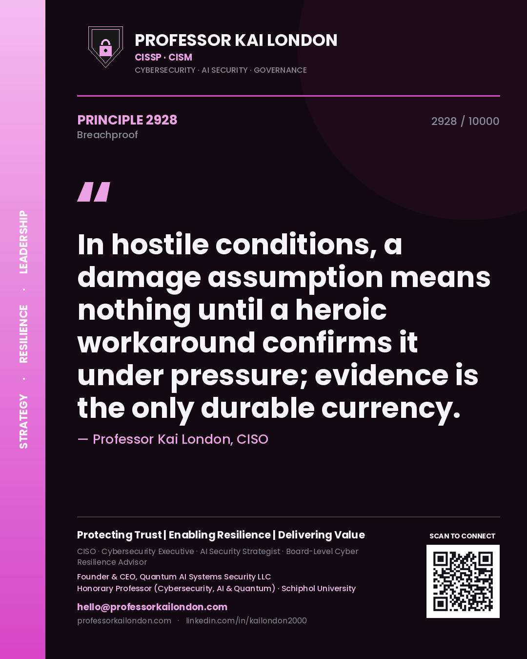 Quote card by Professor Kai London reading 'In hostile conditions, a damage assumption means nothing until a heroic workaround confirms it under pressure; evidence is the only durable currency.'. From the book Breachproof.