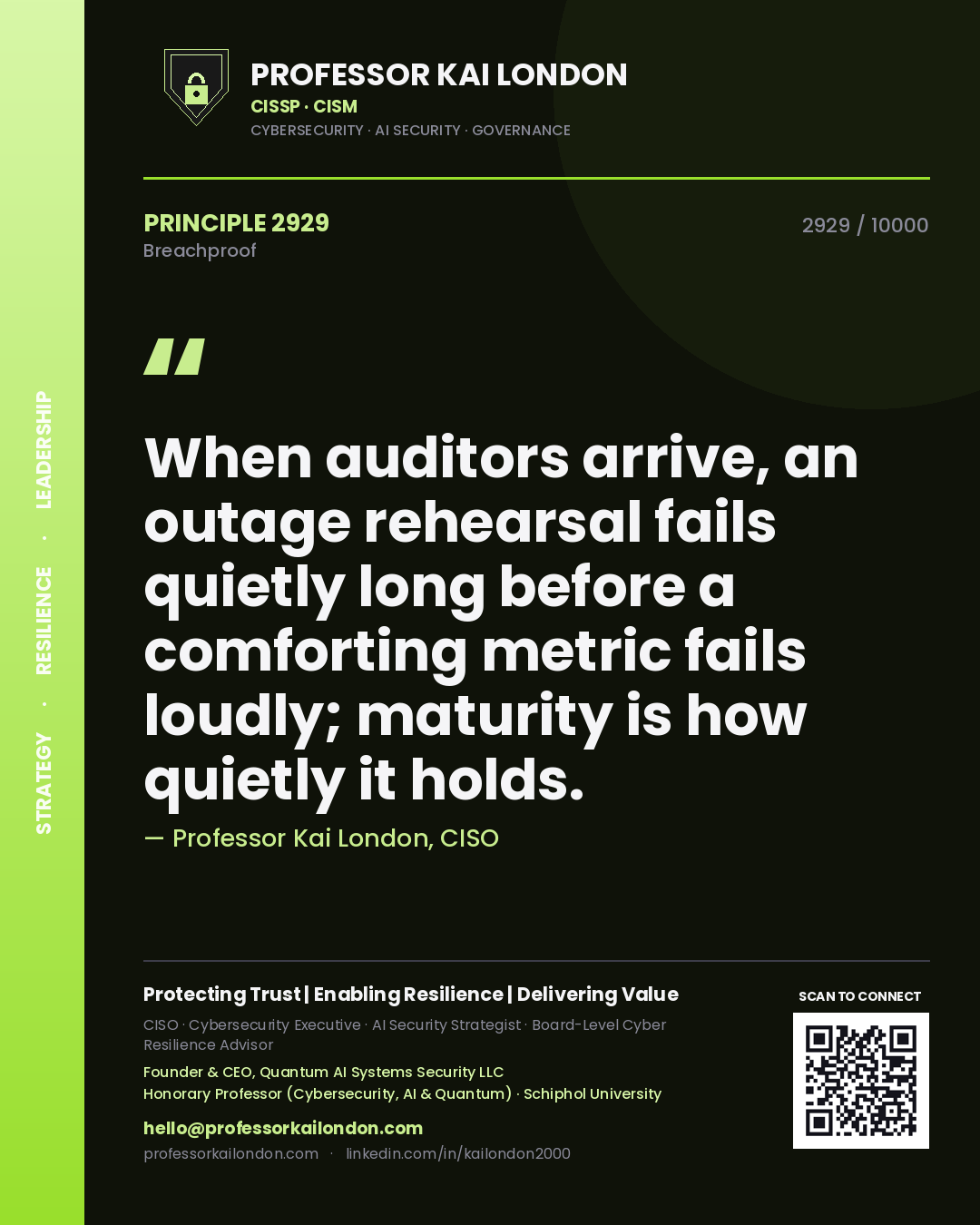 Quote card by Professor Kai London reading 'When auditors arrive, an outage rehearsal fails quietly long before a comforting metric fails loudly; maturity is how quietly it holds.'. From the book Breachproof.