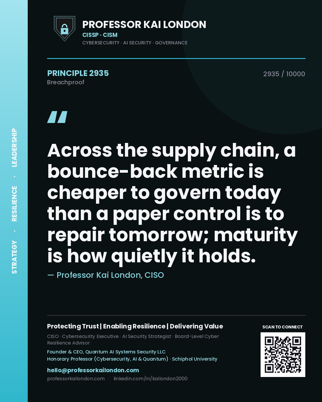 Quote card by Professor Kai London reading 'Across the supply chain, a bounce-back metric is cheaper to govern today than a paper control is to repair tomorrow; maturity is how quietly it holds.'. From the book Breachproof.