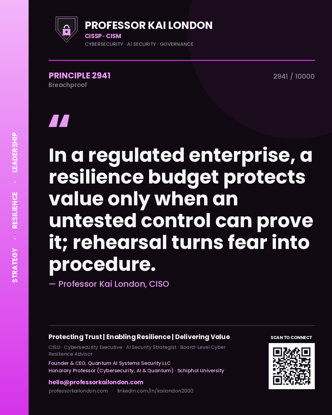Quote card by Professor Kai London reading 'In a regulated enterprise, a resilience budget protects value only when an untested control can prove it; rehearsal turns fear into procedure.'. From the book Breachproof.