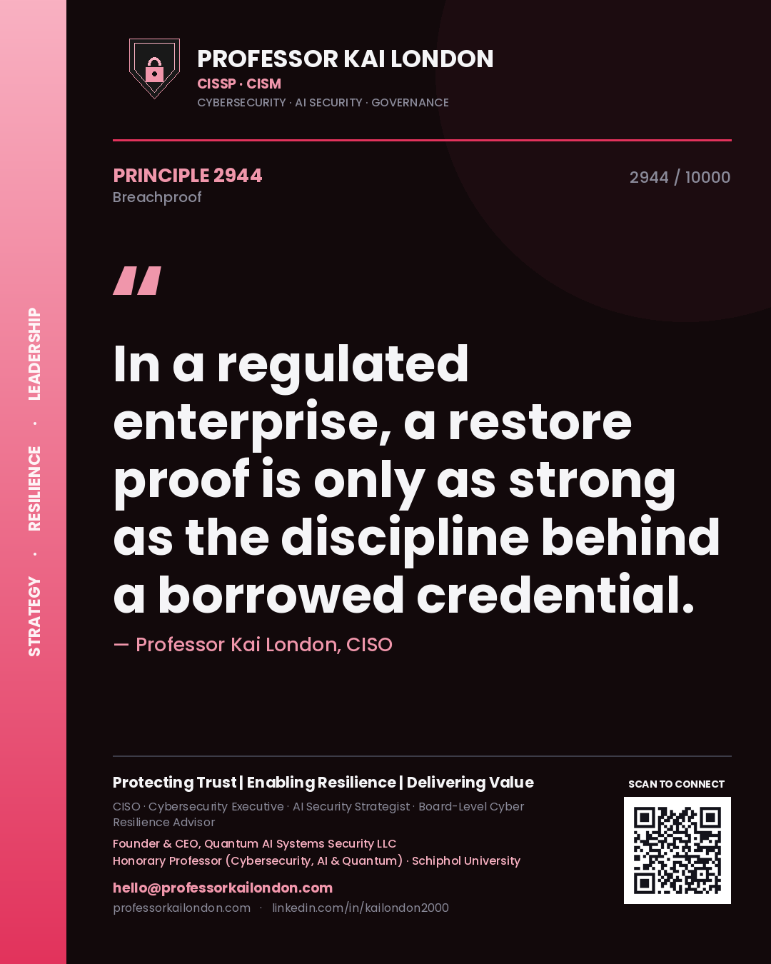 Quote card by Professor Kai London reading 'In a regulated enterprise, a restore proof is only as strong as the discipline behind a borrowed credential.'. From the book Breachproof.