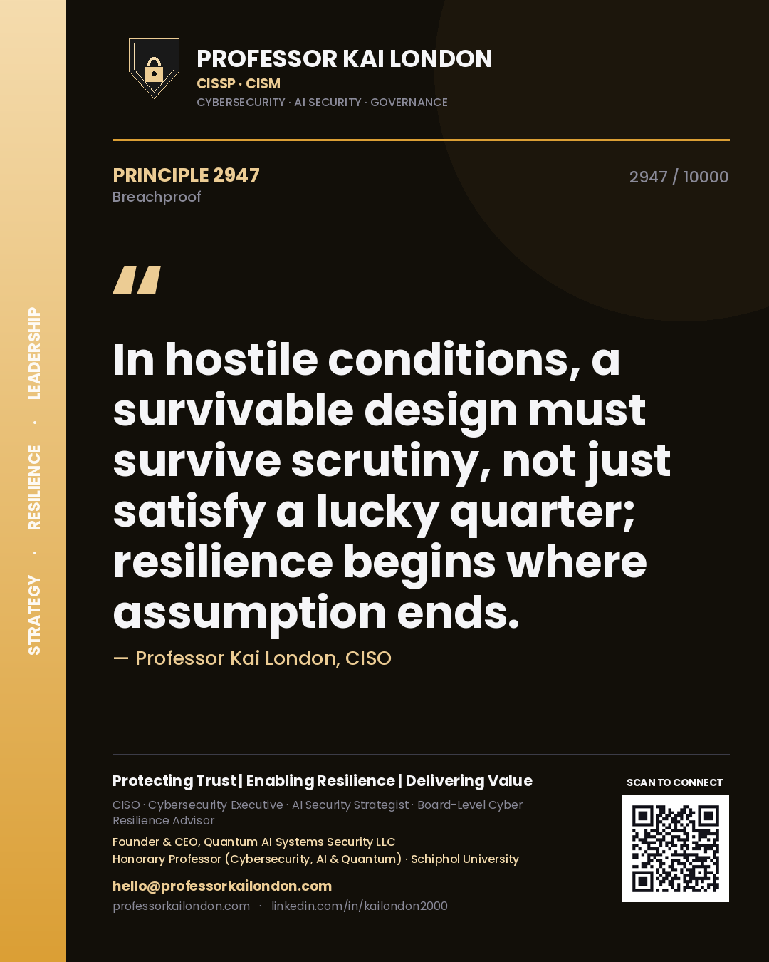 Quote card by Professor Kai London reading 'In hostile conditions, a survivable design must survive scrutiny, not just satisfy a lucky quarter; resilience begins where assumption ends.'. From the book Breachproof.