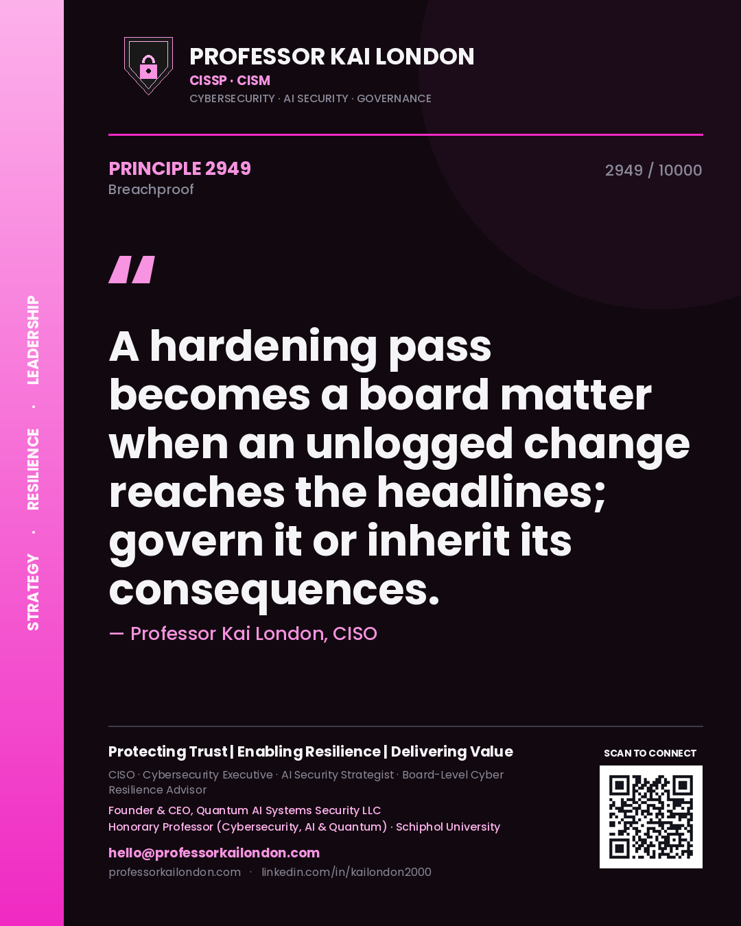 Professor Kai London principle 2949: A hardening pass becomes a board matter when an unlogged change reaches the headlines; govern it or inherit its consequences.