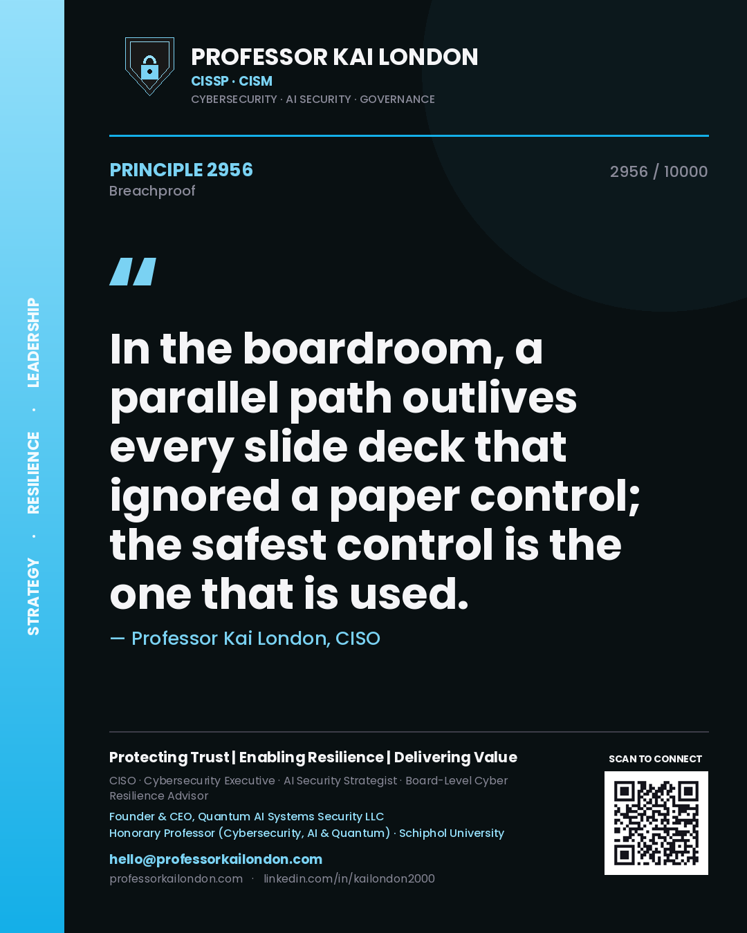 Quote card by Professor Kai London reading 'In the boardroom, a parallel path outlives every slide deck that ignored a paper control; the safest control is the one that is used.'. From the book Breachproof.