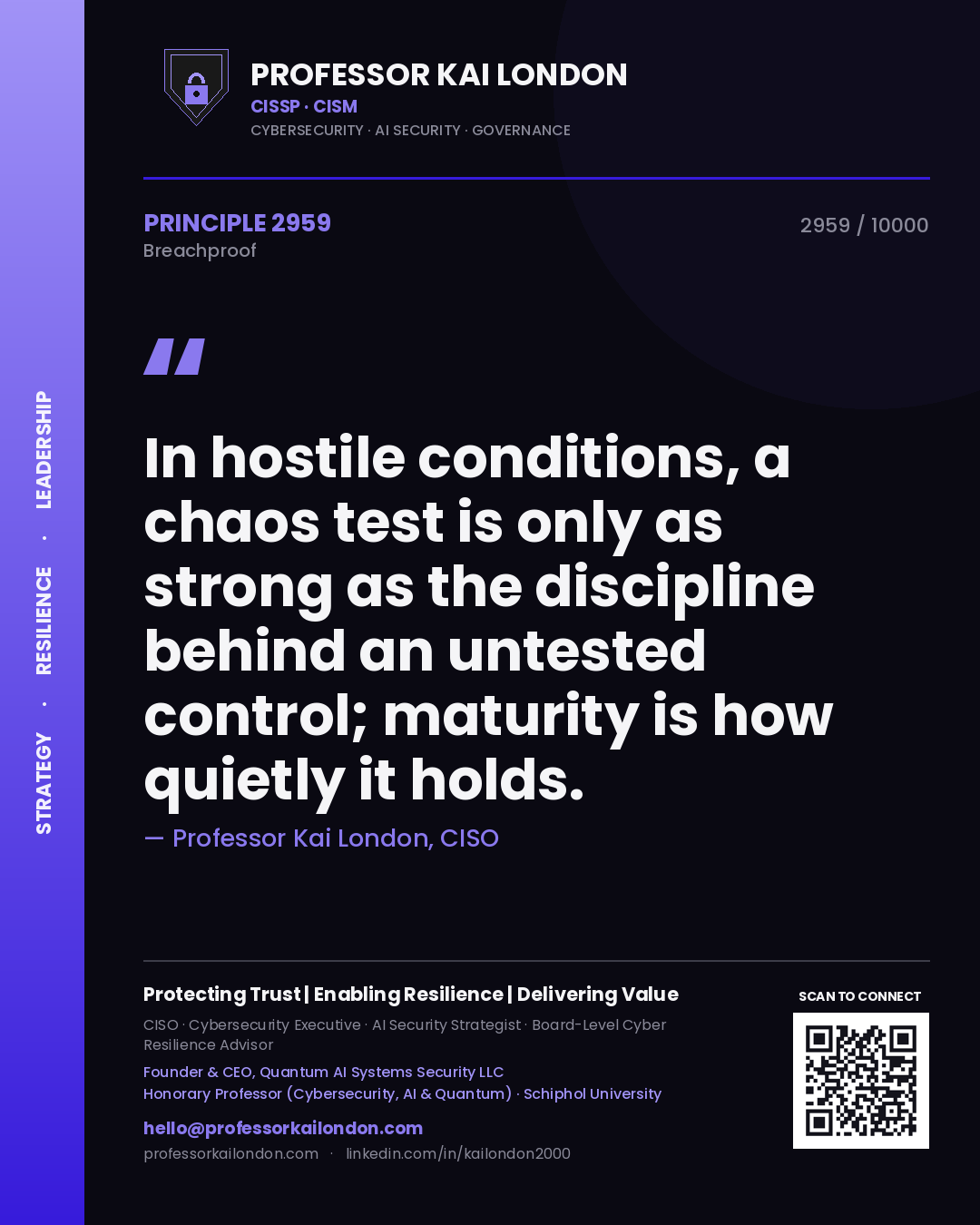 Quote card by Professor Kai London reading 'In hostile conditions, a chaos test is only as strong as the discipline behind an untested control; maturity is how quietly it holds.'. From the book Breachproof.
