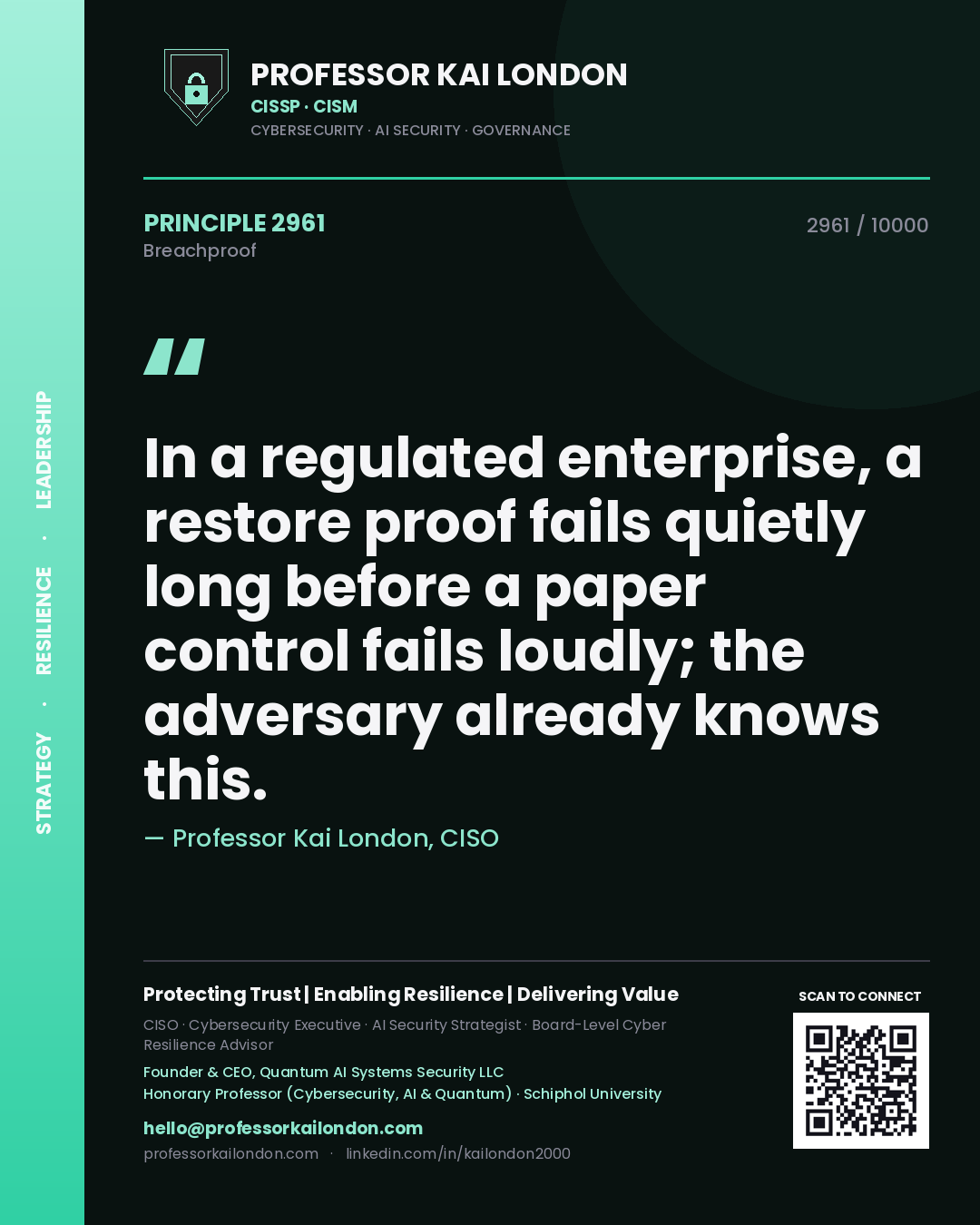 Quote card by Professor Kai London reading 'In a regulated enterprise, a restore proof fails quietly long before a paper control fails loudly; the adversary already knows this.'. From the book Breachproof.