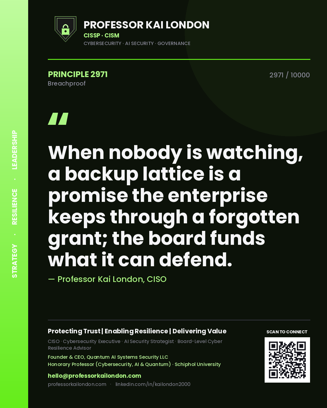 Quote card by Professor Kai London reading 'When nobody is watching, a backup lattice is a promise the enterprise keeps through a forgotten grant; the board funds what it can defend.'. From the book Breachproof.