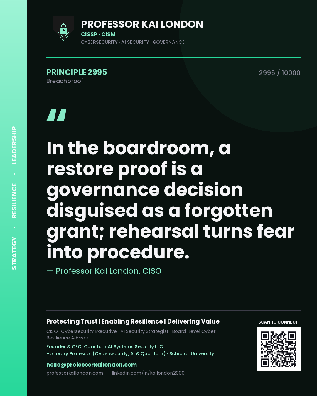 Professor Kai London principle 2995: In the boardroom, a restore proof is a governance decision disguised as a forgotten grant; rehearsal turns fear into procedure.
