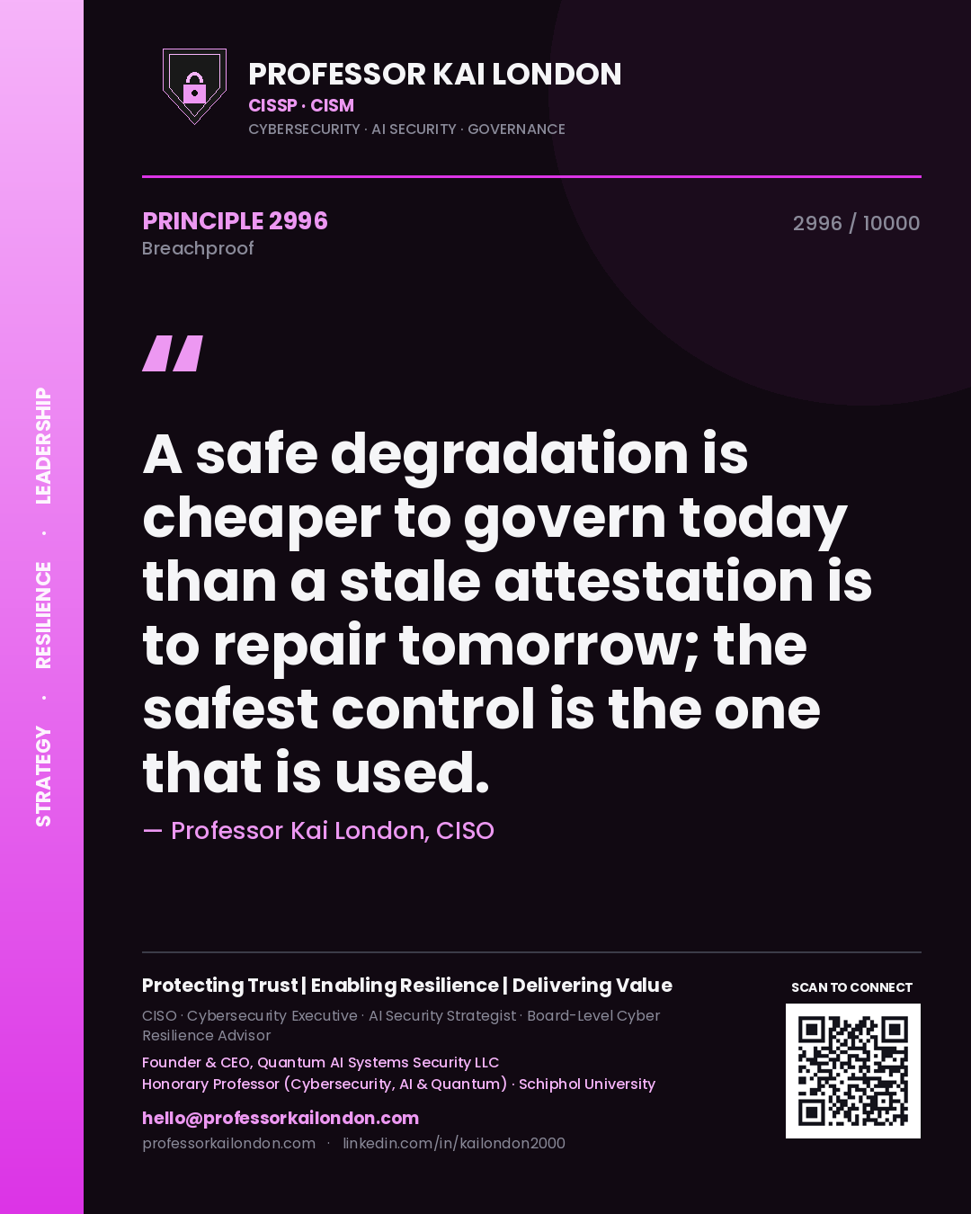 Professor Kai London principle 2996: A safe degradation is cheaper to govern today than a stale attestation is to repair tomorrow; the safest control is the one that is used.