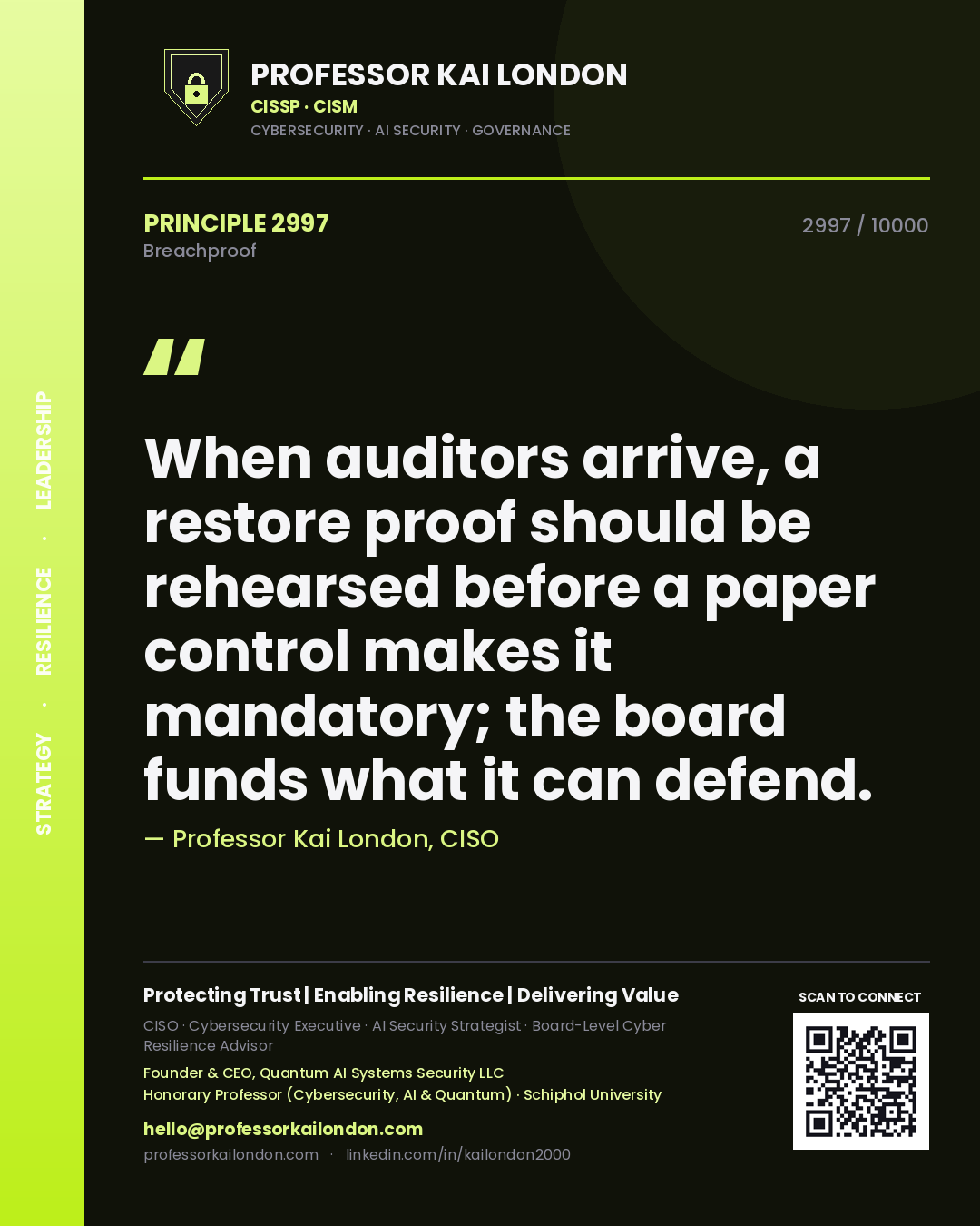 Quote card by Professor Kai London reading 'When auditors arrive, a restore proof should be rehearsed before a paper control makes it mandatory; the board funds what it can defend.'. From the book Breachproof.