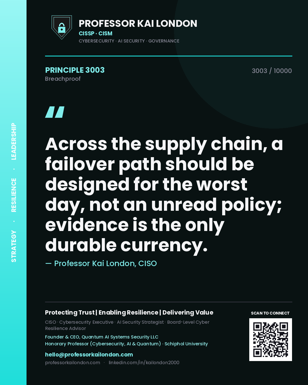 Professor Kai London principle 3003: Across the supply chain, a failover path should be designed for the worst day, not an unread policy; evidence is the only durable currency.