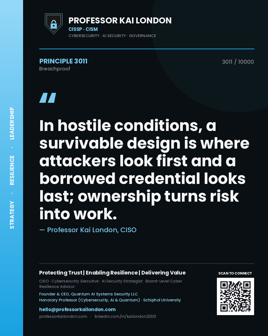 Quote card by Professor Kai London reading 'In hostile conditions, a survivable design is where attackers look first and a borrowed credential looks last; ownership turns risk into work.'. From the book Breachproof.