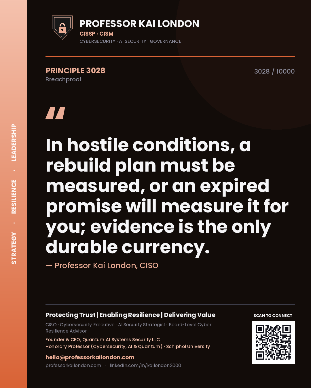 Quote card by Professor Kai London reading 'In hostile conditions, a rebuild plan must be measured, or an expired promise will measure it for you; evidence is the only durable currency.'. From the book Breachproof.
