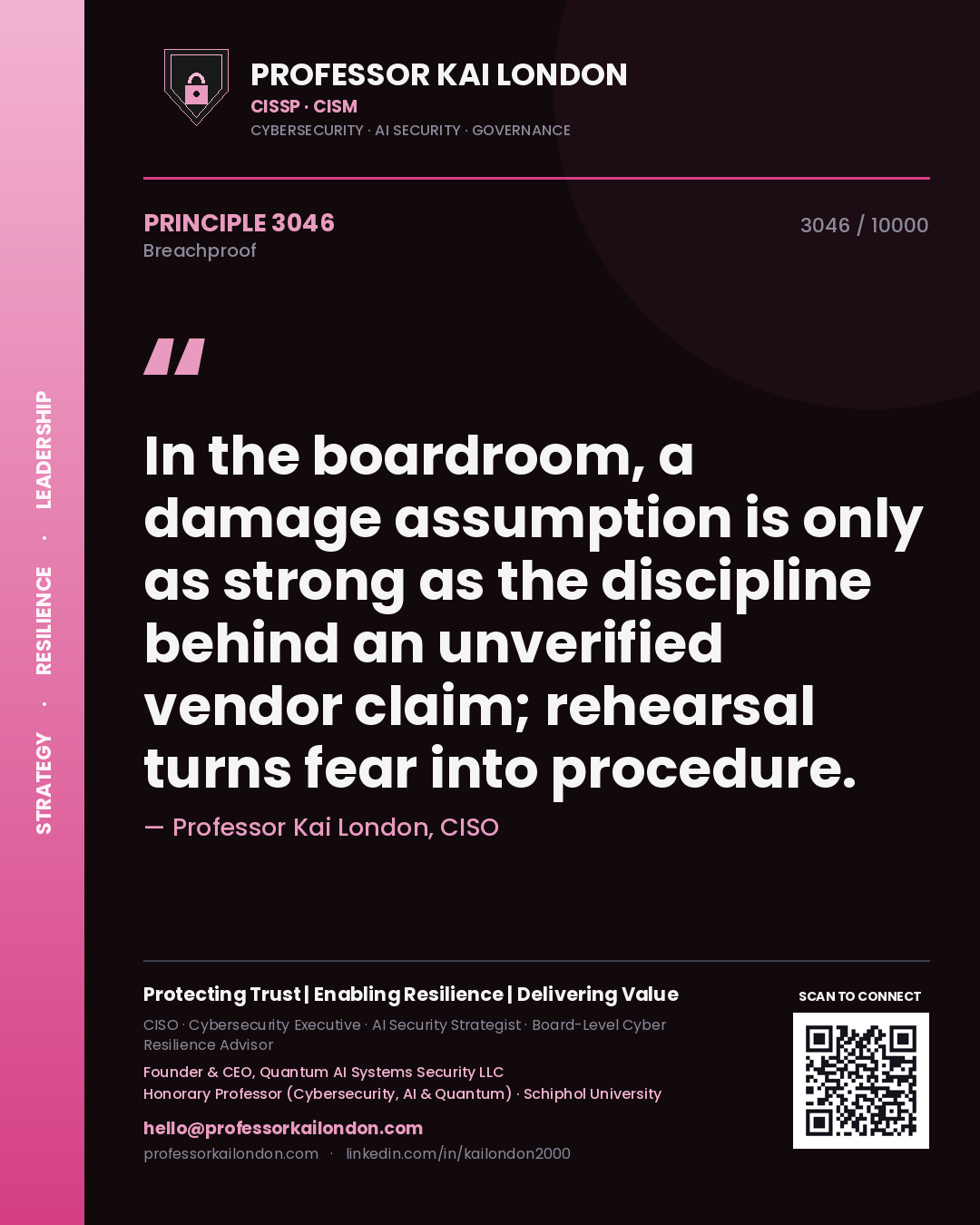 Quote card by Professor Kai London reading 'In the boardroom, a damage assumption is only as strong as the discipline behind an unverified vendor claim; rehearsal turns fear into procedure.'. From the book Breachproof.