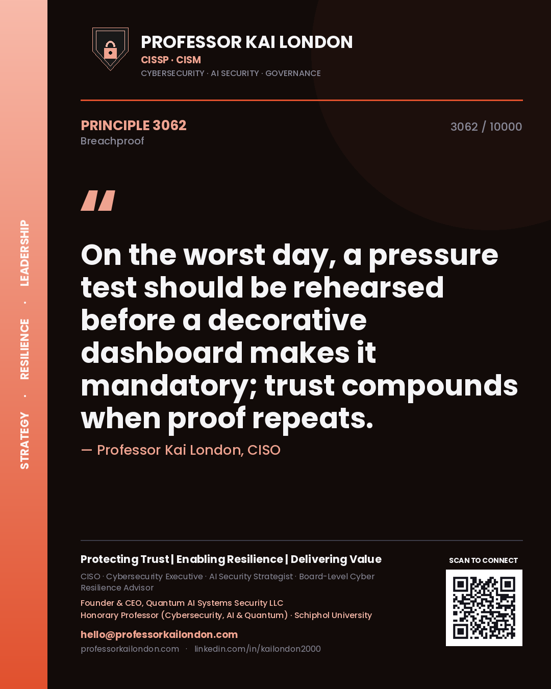 Professor Kai London principle 3062: On the worst day, a pressure test should be rehearsed before a decorative dashboard makes it mandatory; trust compounds when proof repeats.