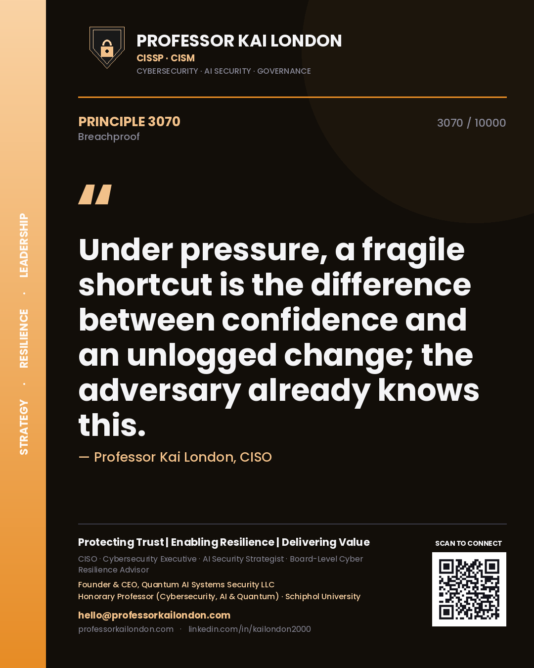 Quote card by Professor Kai London reading 'Under pressure, a fragile shortcut is the difference between confidence and an unlogged change; the adversary already knows this.'. From the book Breachproof.
