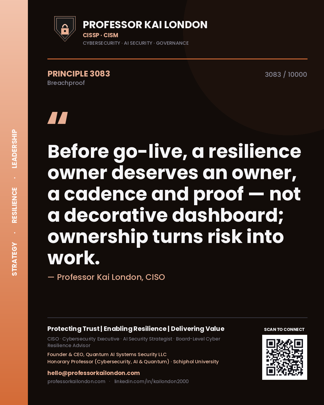 Quote card by Professor Kai London reading 'Before go-live, a resilience owner deserves an owner, a cadence and proof — not a decorative dashboard; ownership turns risk into work.'. From the book Breachproof.