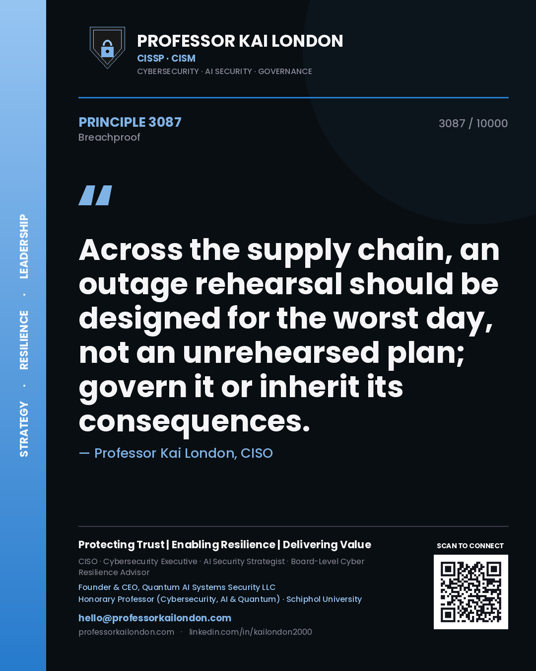 Quote card by Professor Kai London reading 'Across the supply chain, an outage rehearsal should be designed for the worst day, not an unrehearsed plan; govern it or inherit its consequences.'. From the book Breachproof.