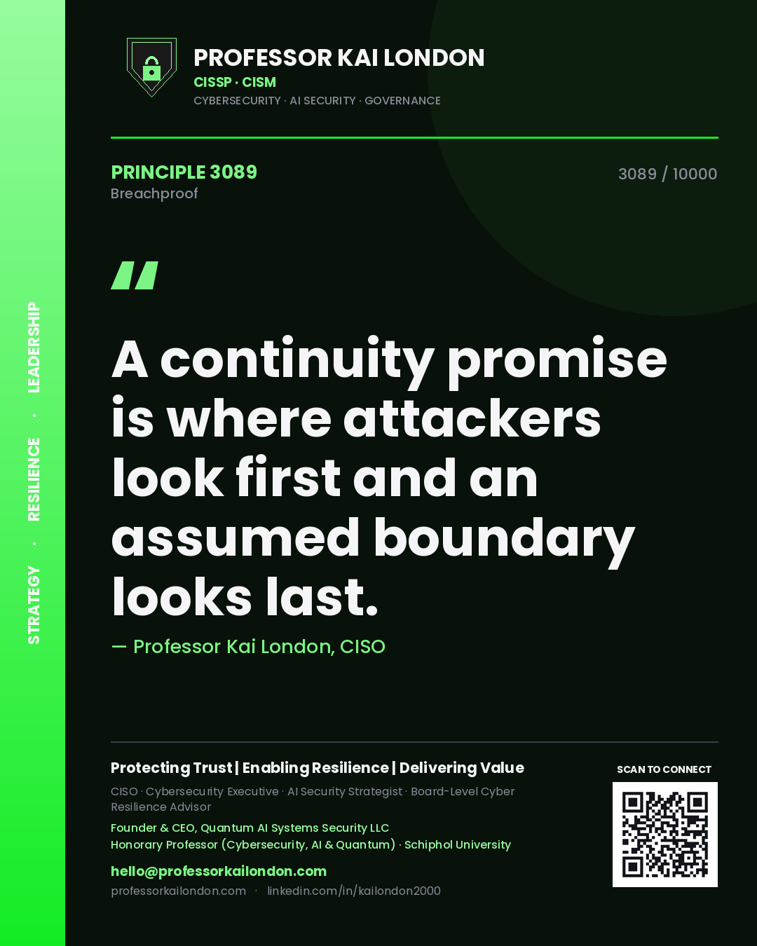 Professor Kai London principle 3089: A continuity promise is where attackers look first and an assumed boundary looks last.