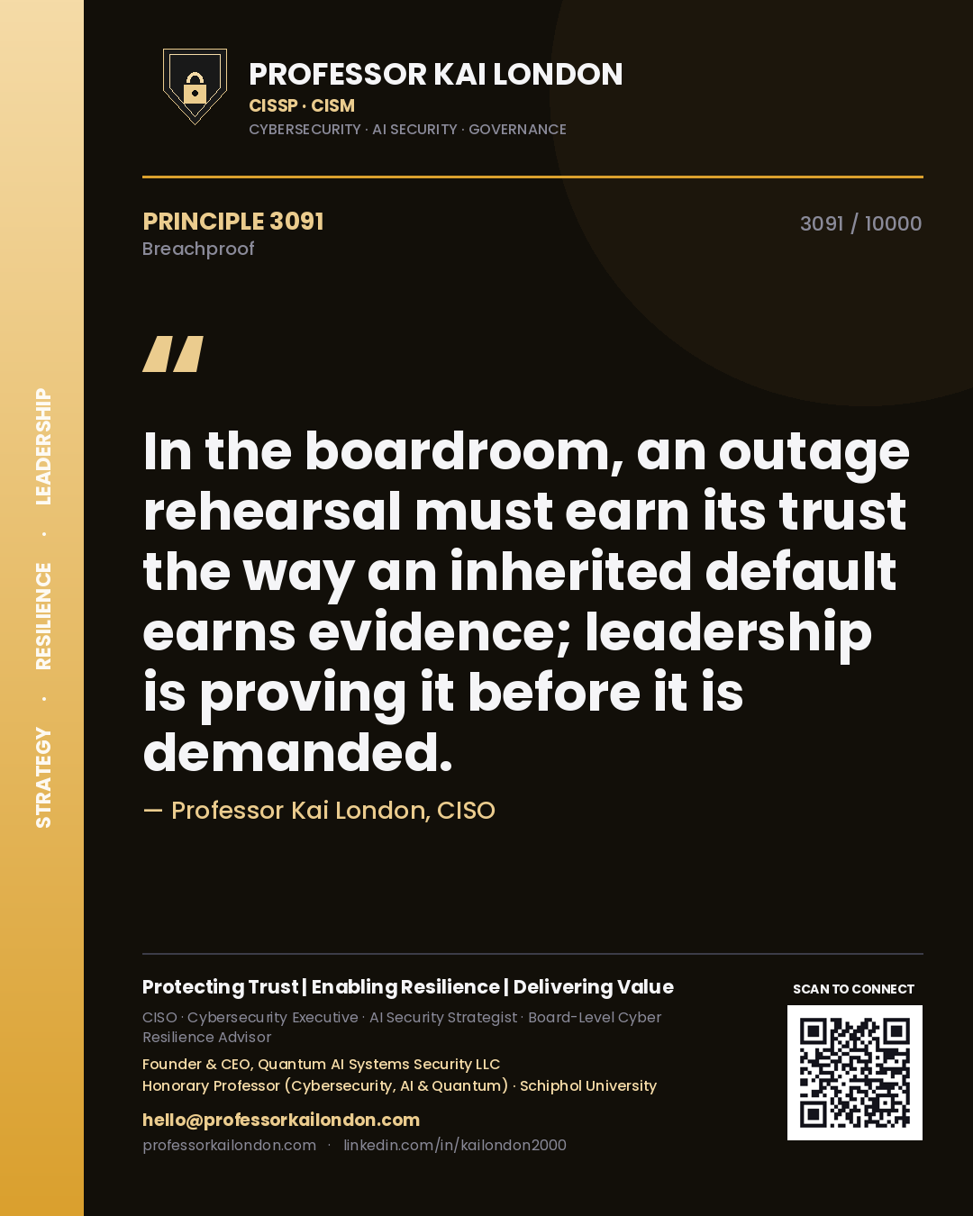 Quote card by Professor Kai London reading 'In the boardroom, an outage rehearsal must earn its trust the way an inherited default earns evidence; leadership is proving it before it is demanded.'. From the book Breachproof.
