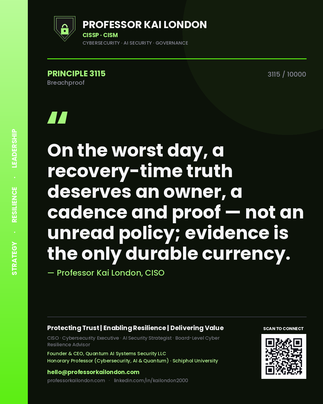 Quote card by Professor Kai London reading 'On the worst day, a recovery-time truth deserves an owner, a cadence and proof — not an unread policy; evidence is the only durable currency.'. From the book Breachproof.