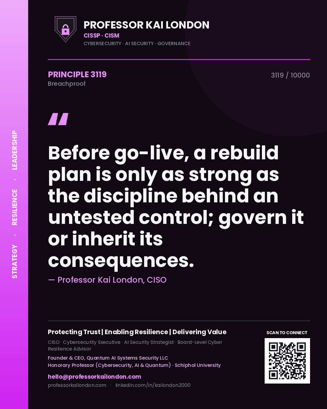 Professor Kai London principle 3119: Before go-live, a rebuild plan is only as strong as the discipline behind an untested control; govern it or inherit its consequences.