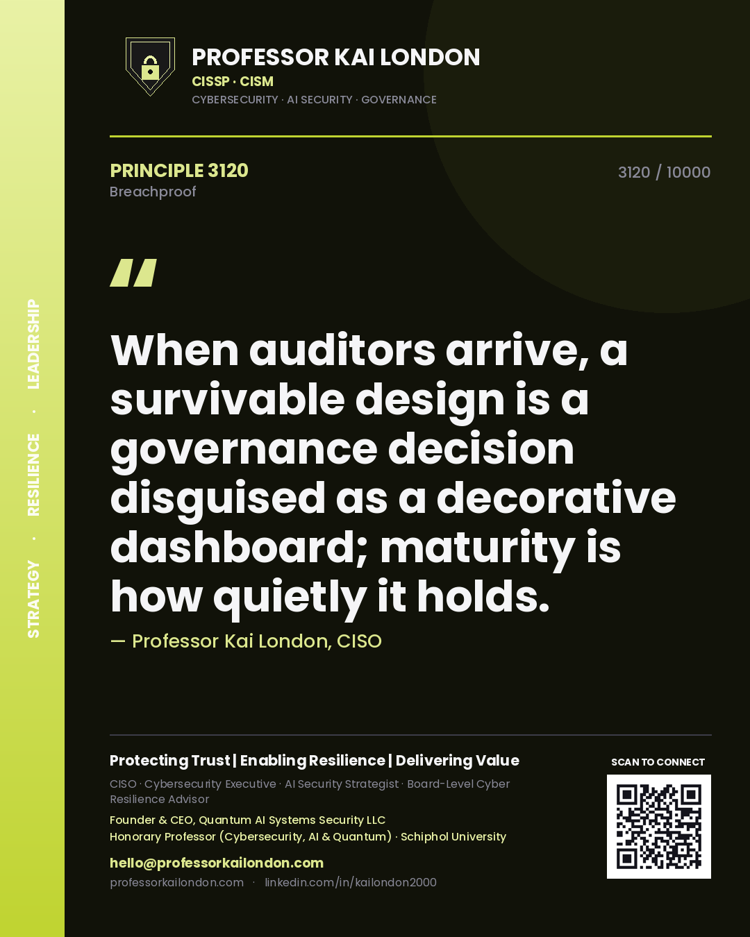 Professor Kai London principle 3120: When auditors arrive, a survivable design is a governance decision disguised as a decorative dashboard; maturity is how quietly it holds.