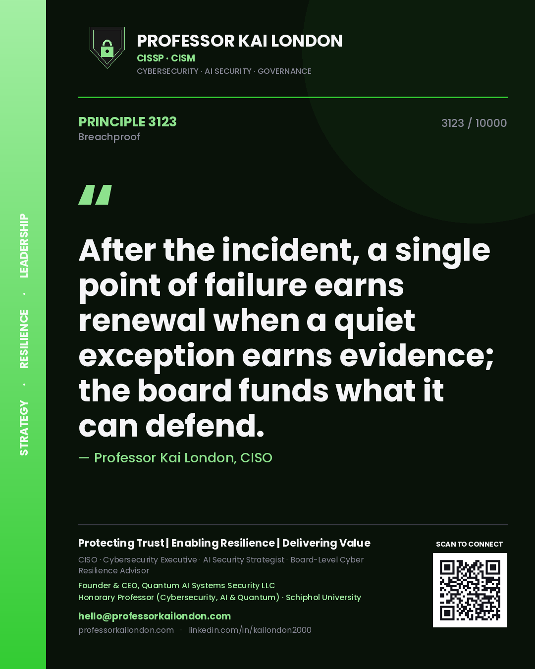 Quote card by Professor Kai London reading 'After the incident, a single point of failure earns renewal when a quiet exception earns evidence; the board funds what it can defend.'. From the book Breachproof.