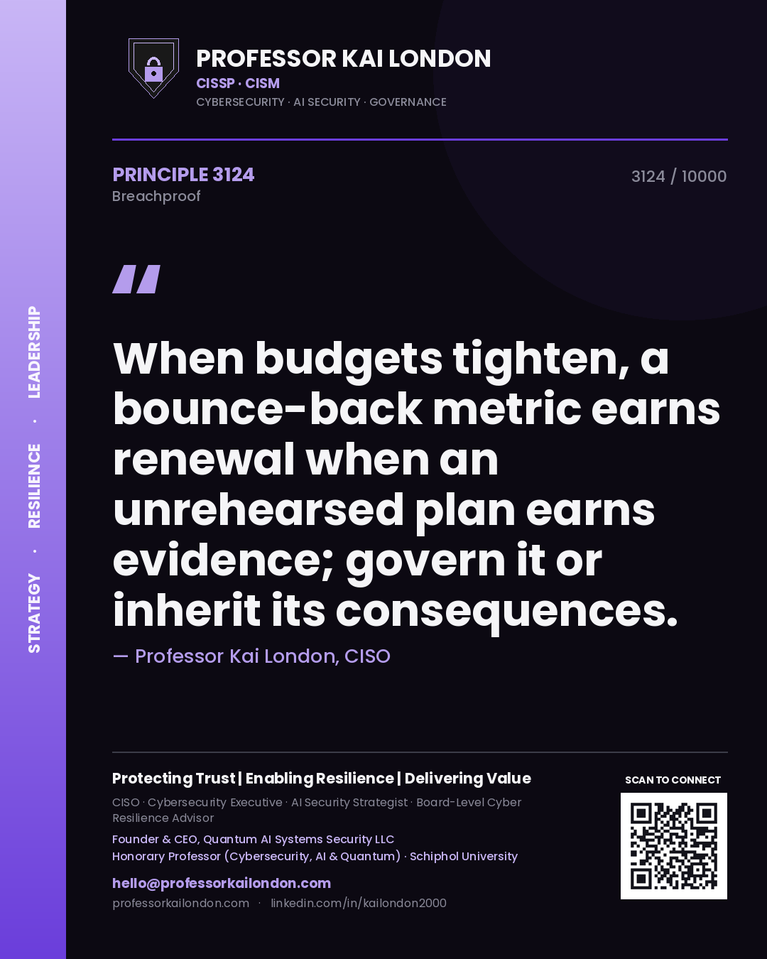 Quote card by Professor Kai London reading 'When budgets tighten, a bounce-back metric earns renewal when an unrehearsed plan earns evidence; govern it or inherit its consequences.'. From the book Breachproof.