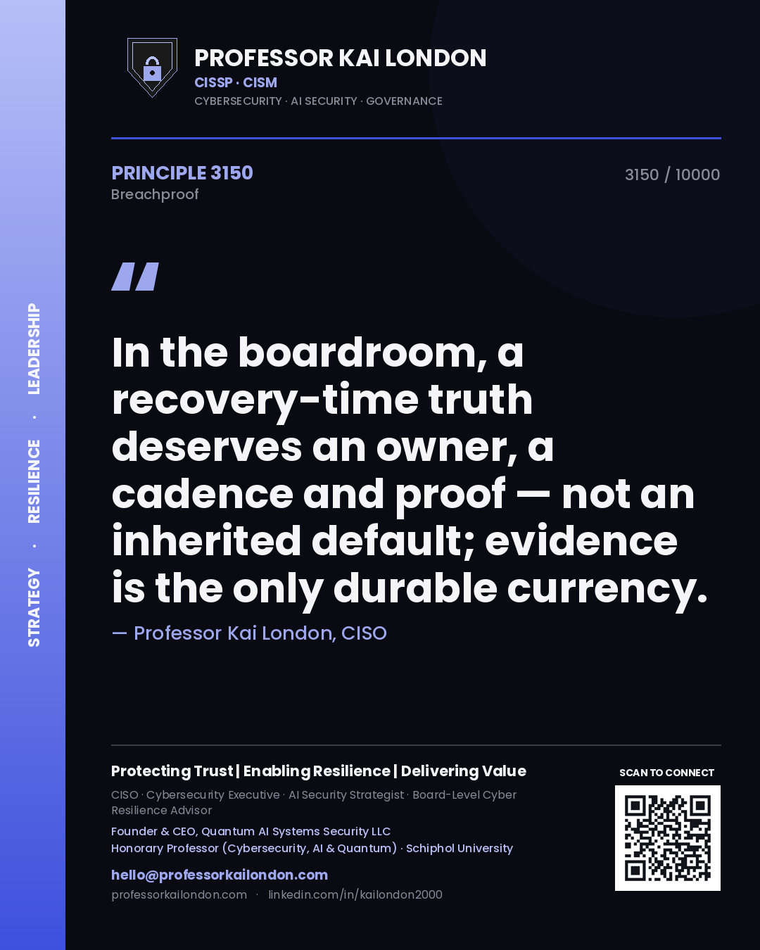 Professor Kai London principle 3150: In the boardroom, a recovery-time truth deserves an owner, a cadence and proof — not an inherited default; evidence is the only durable currency.