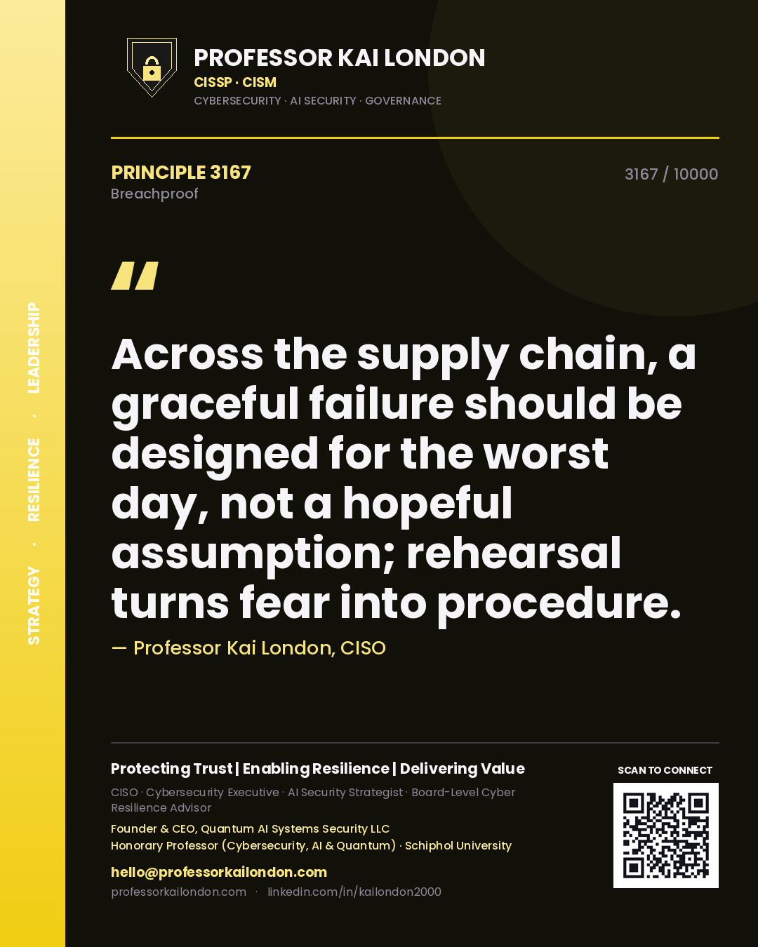 Quote card by Professor Kai London reading 'Across the supply chain, a graceful failure should be designed for the worst day, not a hopeful assumption; rehearsal turns fear into procedure.'. From the book Breachproof.