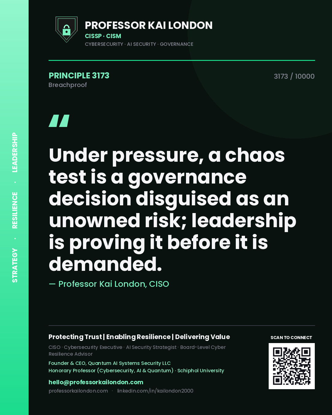 Quote card by Professor Kai London reading 'Under pressure, a chaos test is a governance decision disguised as an unowned risk; leadership is proving it before it is demanded.'. From the book Breachproof.