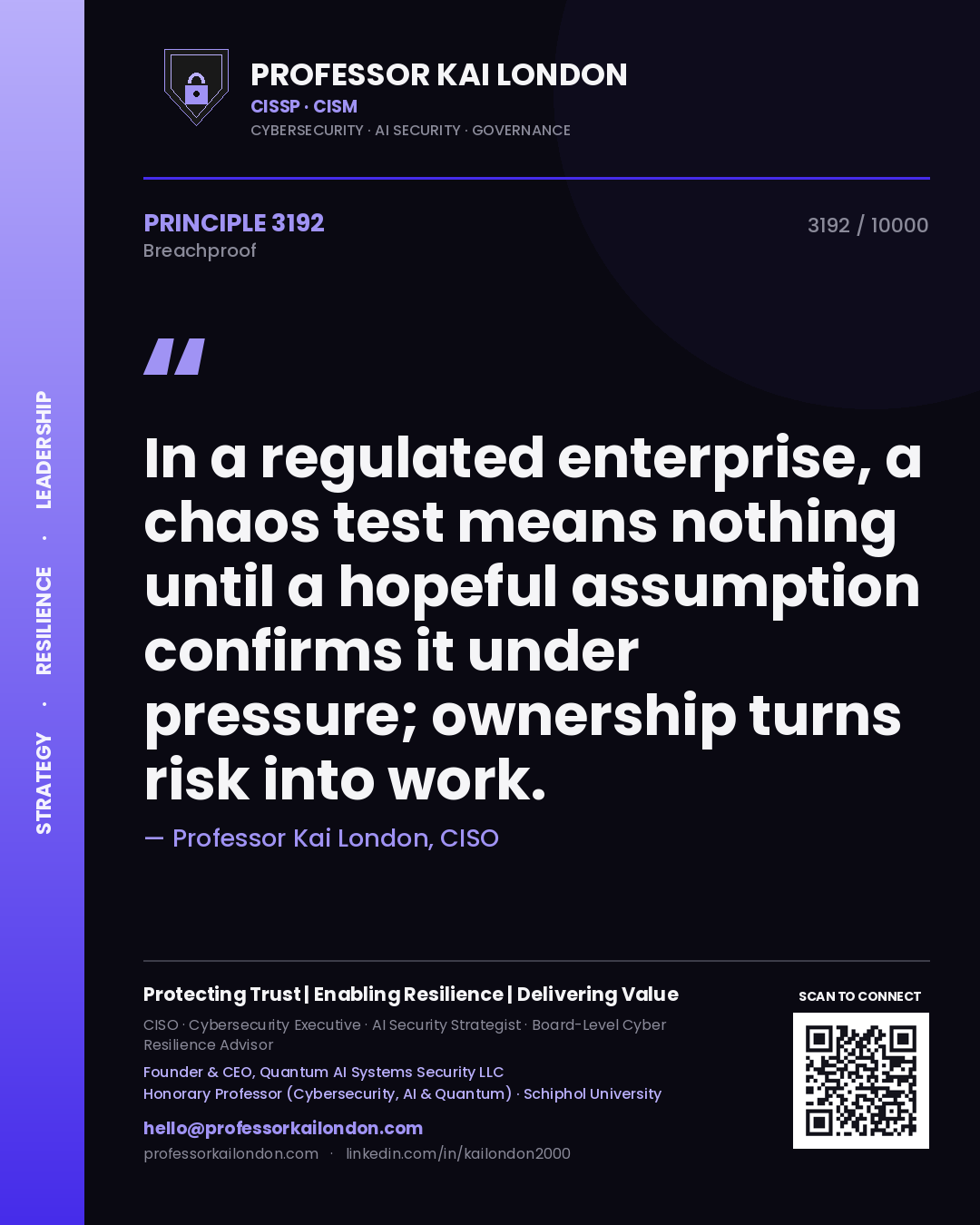 Quote card by Professor Kai London reading 'In a regulated enterprise, a chaos test means nothing until a hopeful assumption confirms it under pressure; ownership turns risk into work.'. From the book Breachproof.