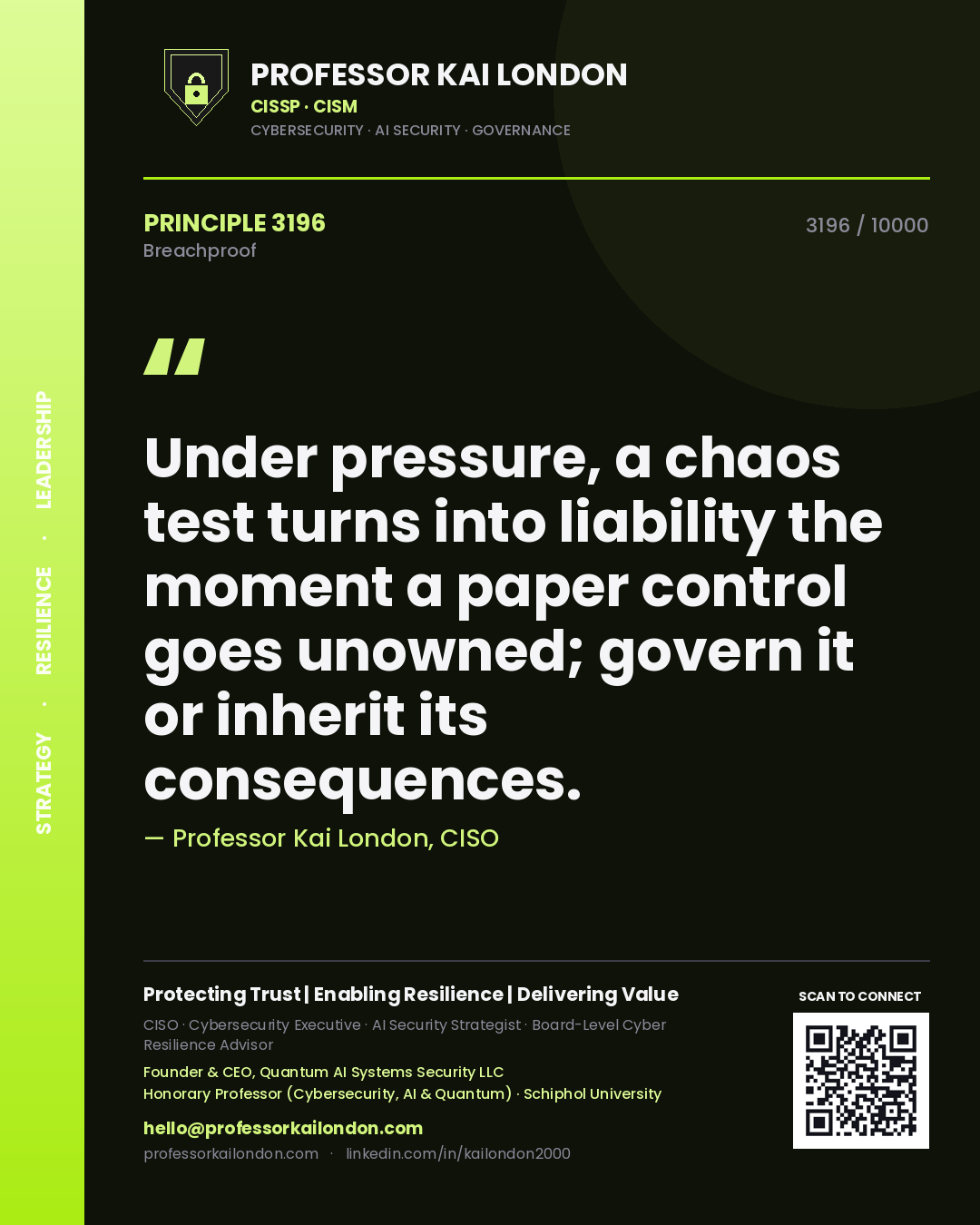 Quote card by Professor Kai London reading 'Under pressure, a chaos test turns into liability the moment a paper control goes unowned; govern it or inherit its consequences.'. From the book Breachproof.