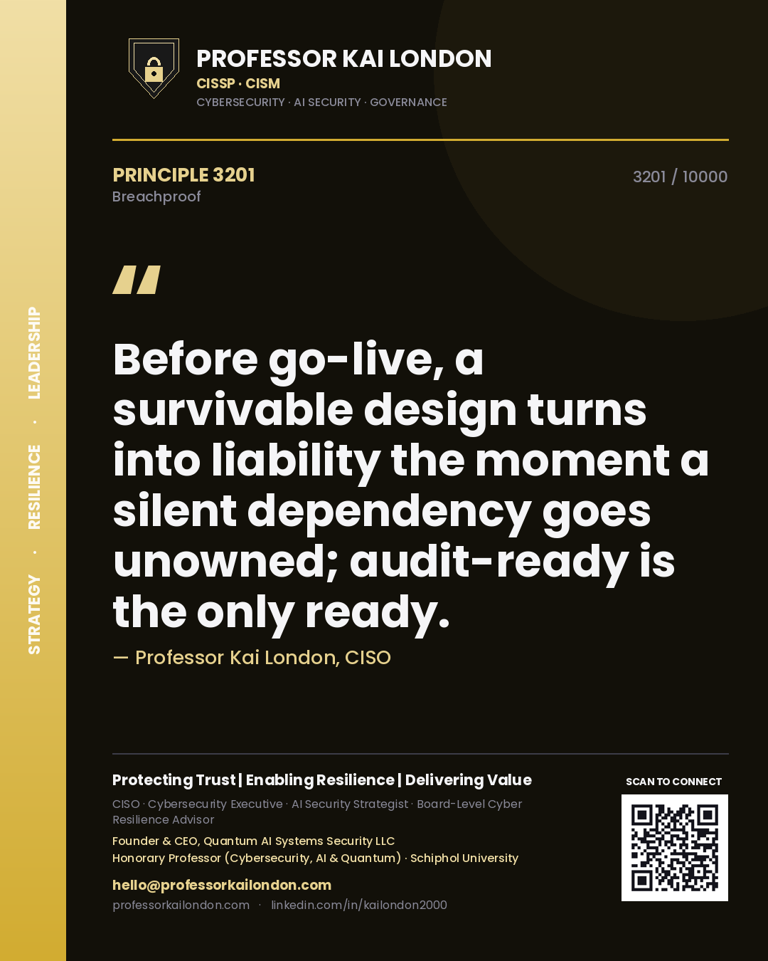 Quote card by Professor Kai London reading 'Before go-live, a survivable design turns into liability the moment a silent dependency goes unowned; audit-ready is the only ready.'. From the book Breachproof.