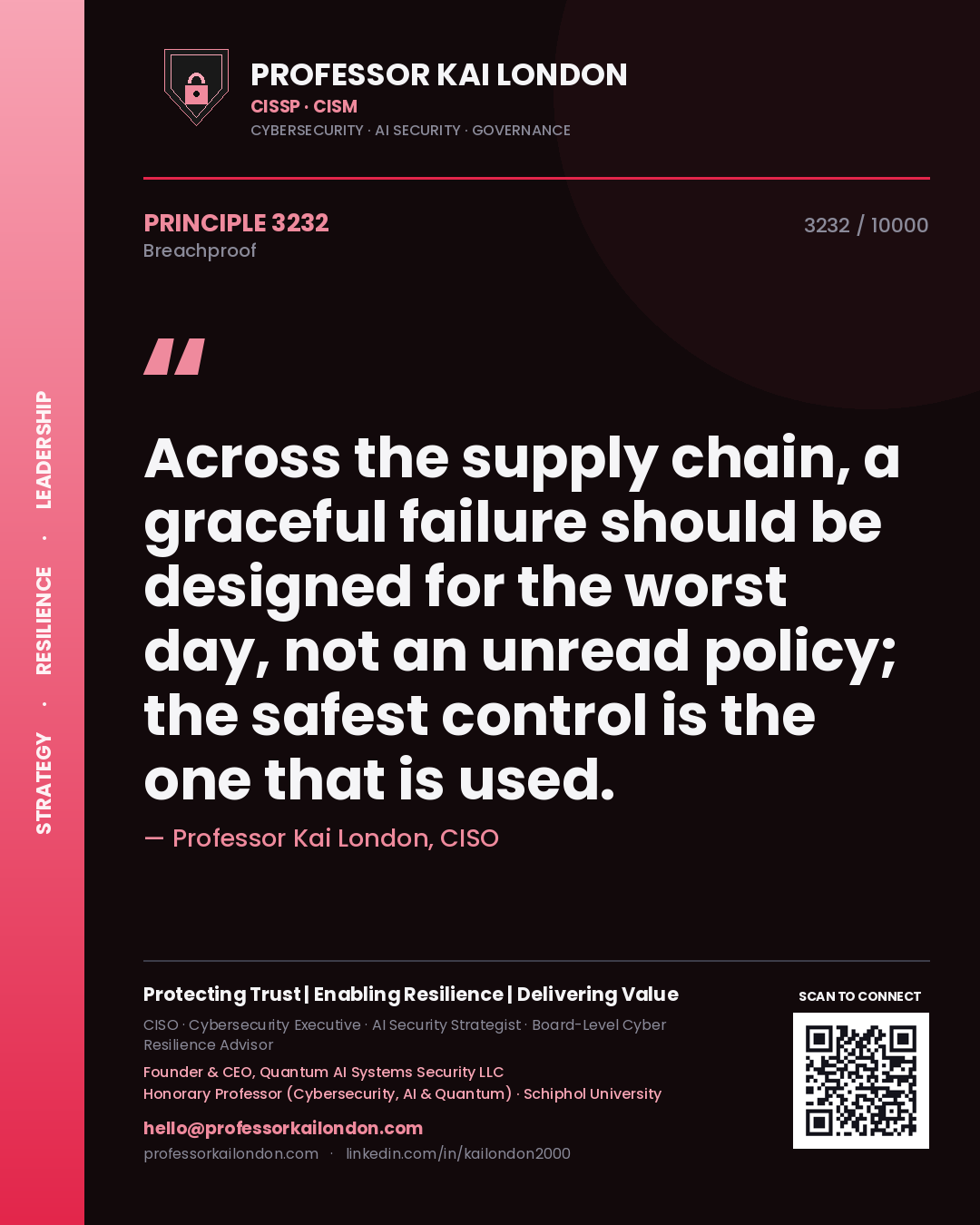 Professor Kai London principle 3232: Across the supply chain, a graceful failure should be designed for the worst day, not an unread policy; the safest control is the one that is used.
