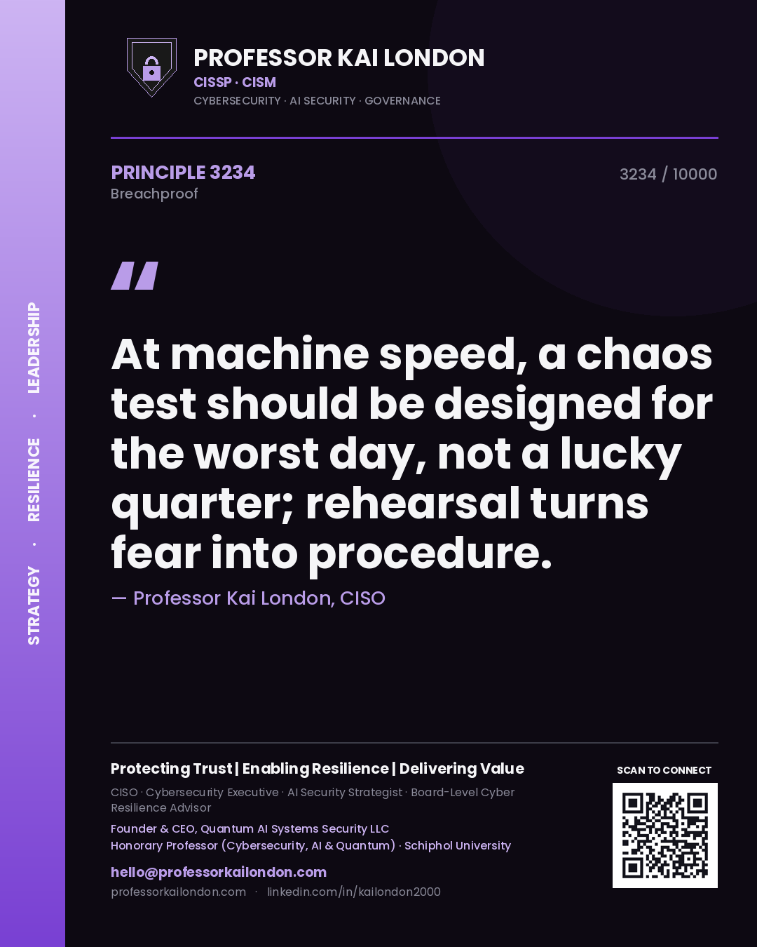 Quote card by Professor Kai London reading 'At machine speed, a chaos test should be designed for the worst day, not a lucky quarter; rehearsal turns fear into procedure.'. From the book Breachproof.