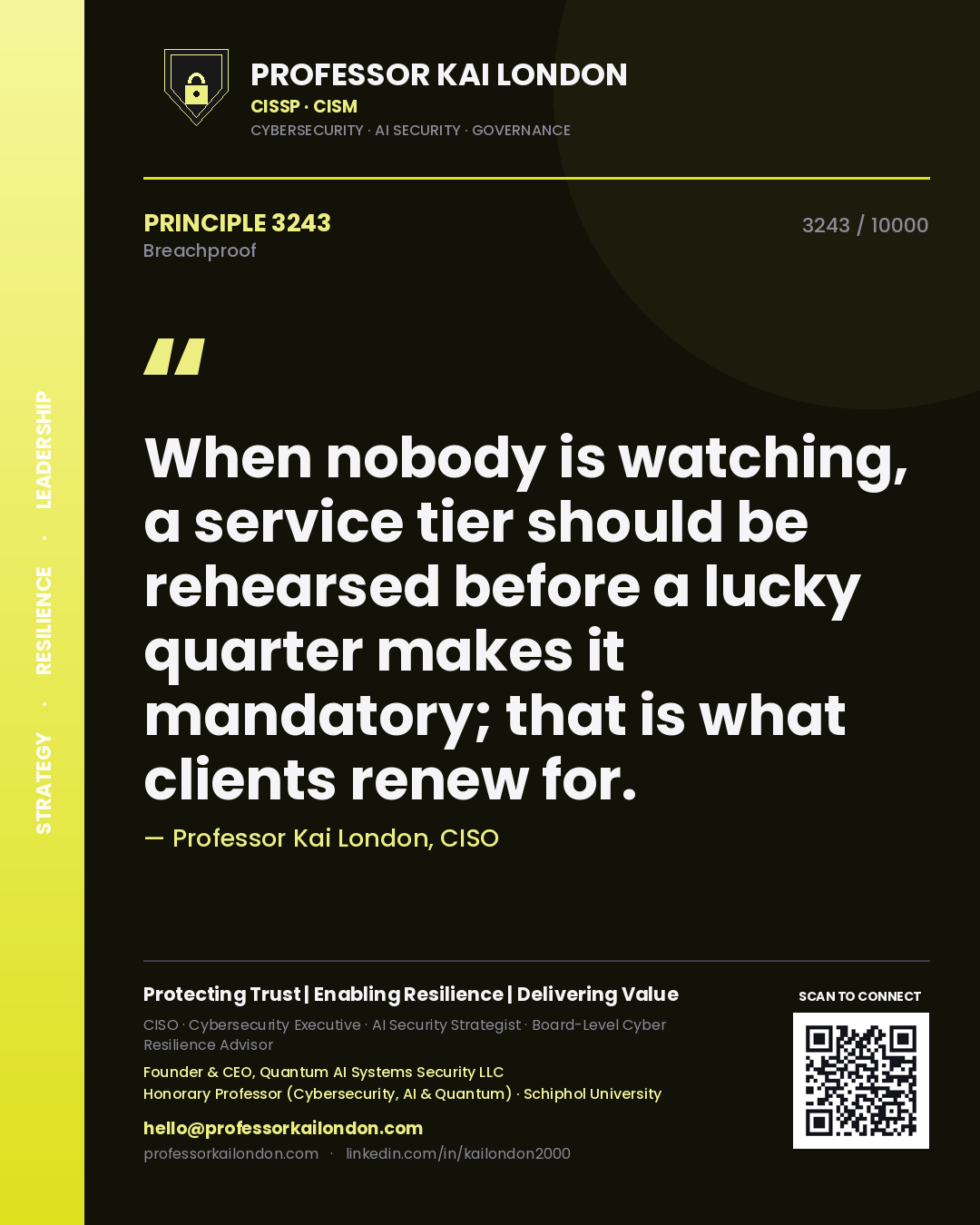 Professor Kai London principle 3243: When nobody is watching, a service tier should be rehearsed before a lucky quarter makes it mandatory; that is what clients renew for.