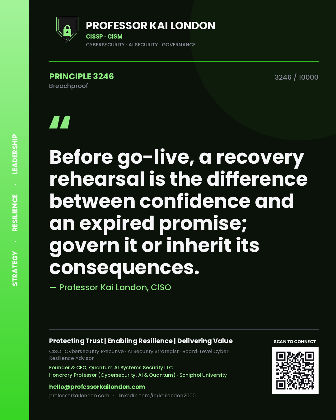 Quote card by Professor Kai London reading 'Before go-live, a recovery rehearsal is the difference between confidence and an expired promise; govern it or inherit its consequences.'. From the book Breachproof.