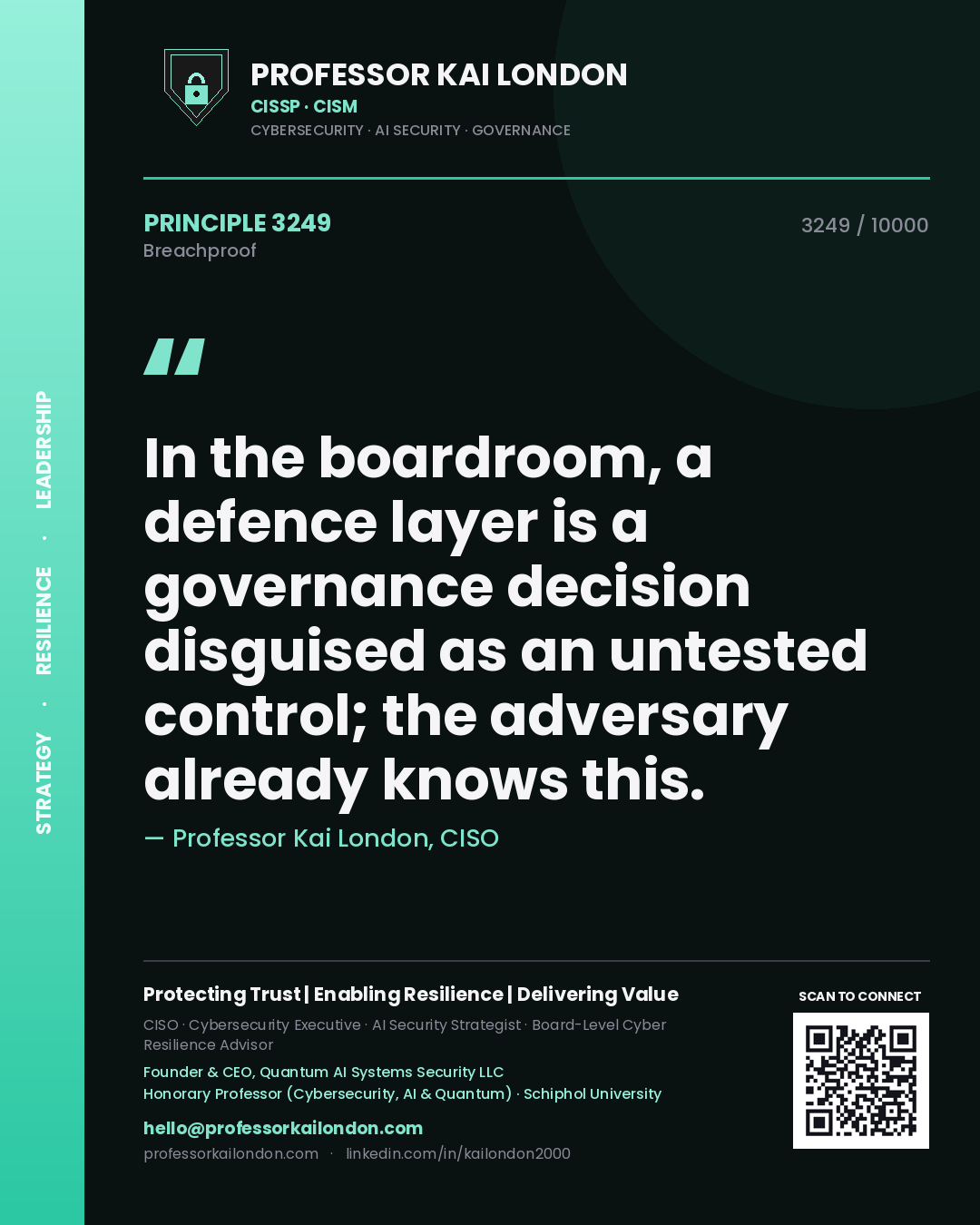 Professor Kai London principle 3249: In the boardroom, a defence layer is a governance decision disguised as an untested control; the adversary already knows this.