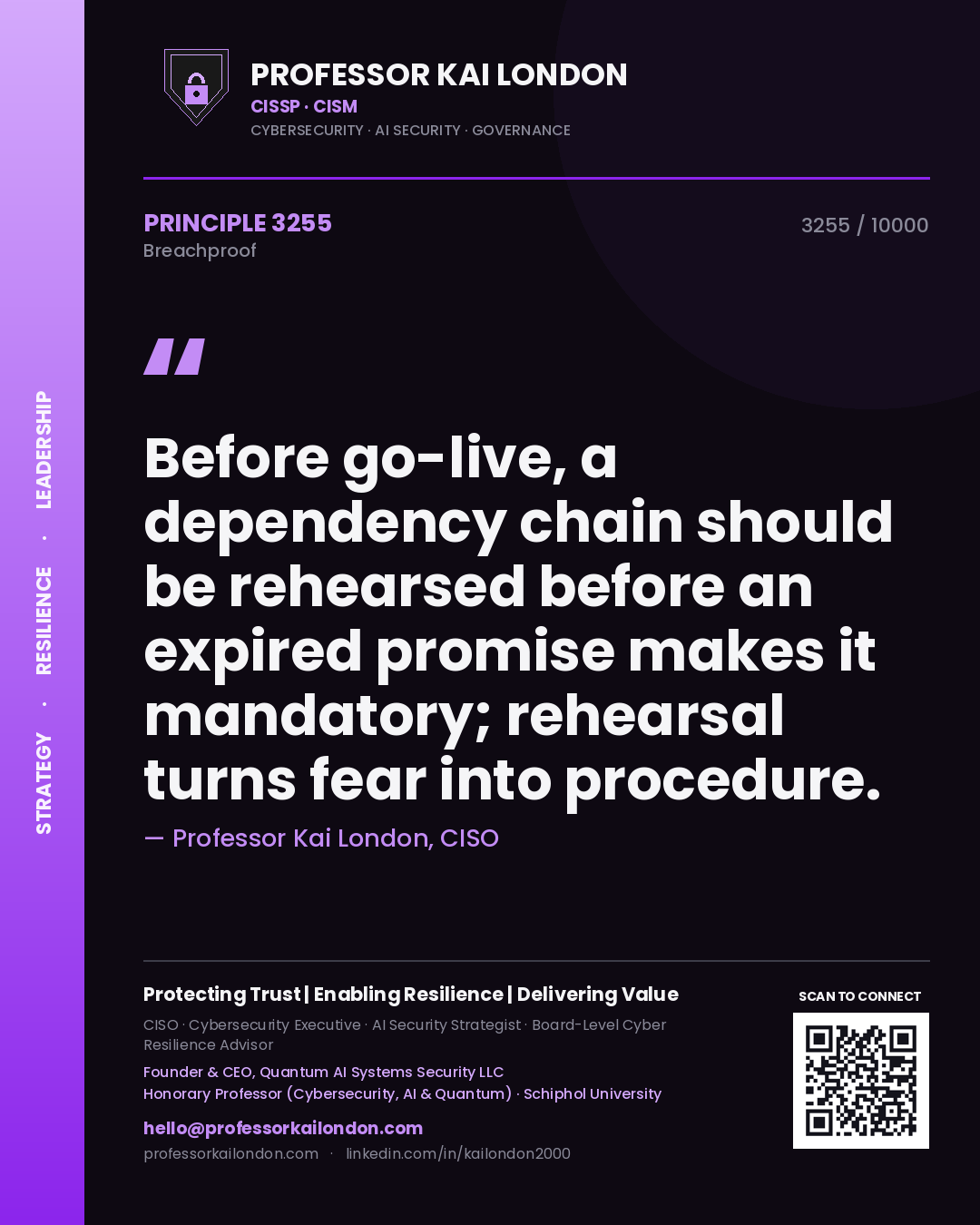 Quote card by Professor Kai London reading 'Before go-live, a dependency chain should be rehearsed before an expired promise makes it mandatory; rehearsal turns fear into procedure.'. From the book Breachproof.